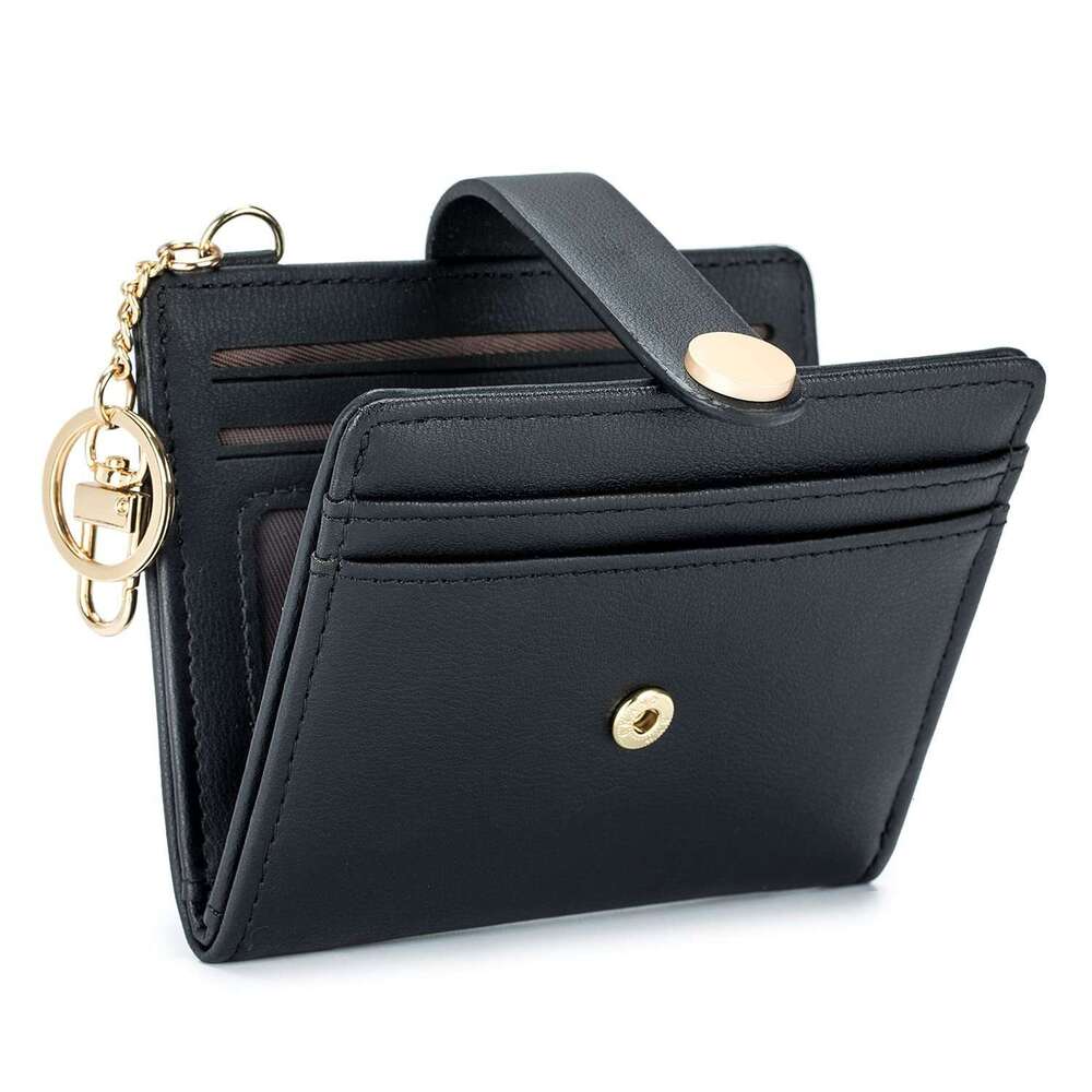 Bifold PU Leather Large Capacity Card Holder with Keychain Zipper ID Bag Multi-Card Slot Women's Ultra-Thin Wallet