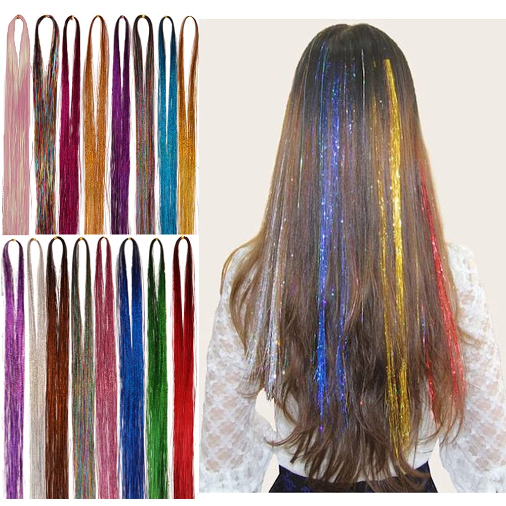 47 Inches Hair Extension Tinsel 12 Colors Glitter Hair Extensions for Women Girls Hair Accessories for Christmas New Year Halloween Cosplay Party
