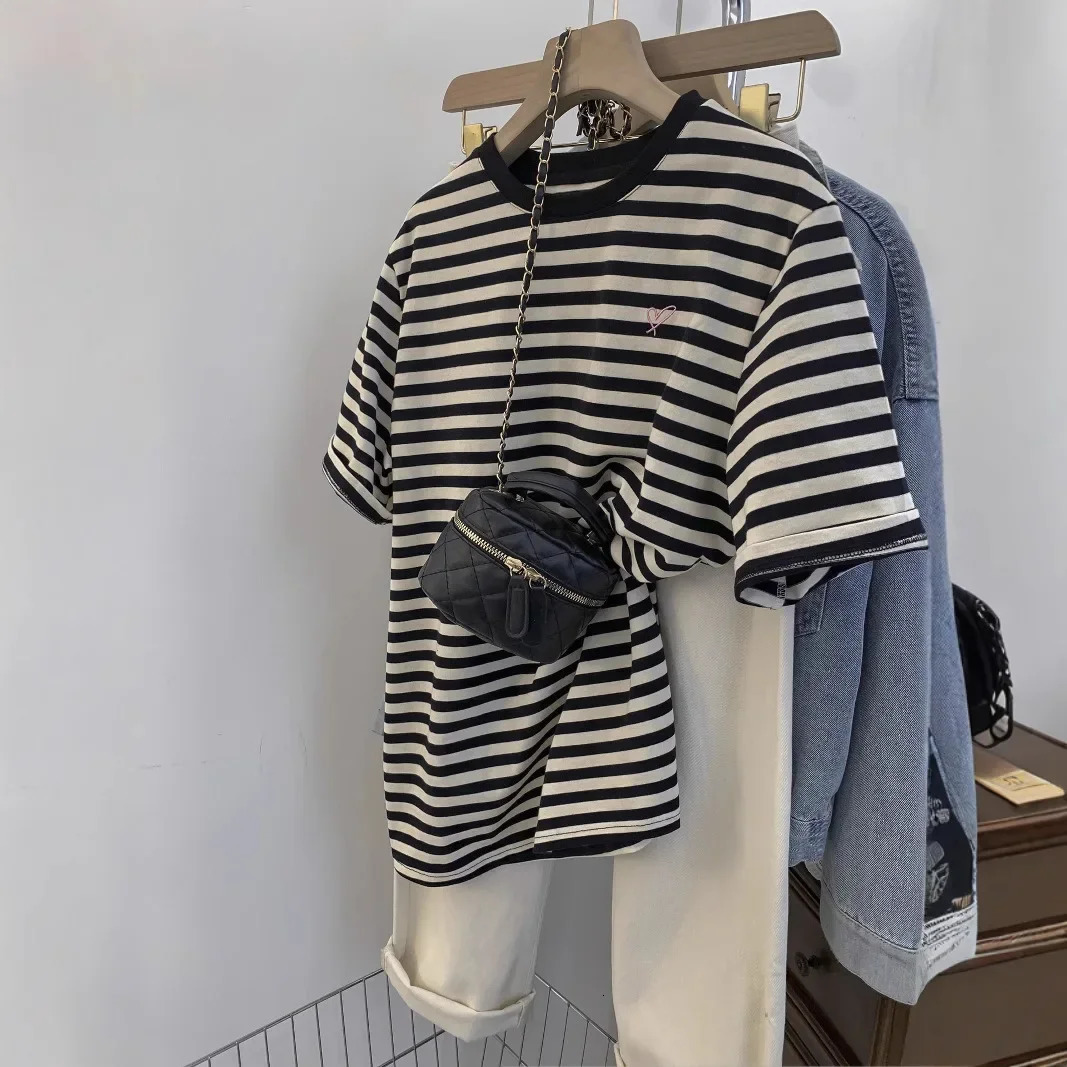 Plus Size 300 Pounds Color Block Striped Short Sleeve TShirt Women Summer Loose round Neck Korean Style Casual Versatile Top 250519