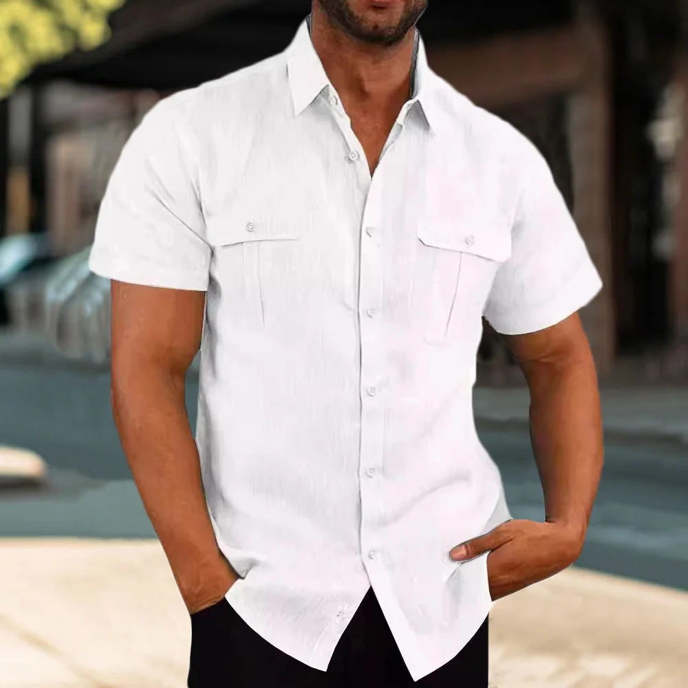 Mens Double Pocket Cotton Linen Shirt Short Sleeve Casual Solid Color Shirts for Men Breathable Holiday Beach Trendy Shirt 250527