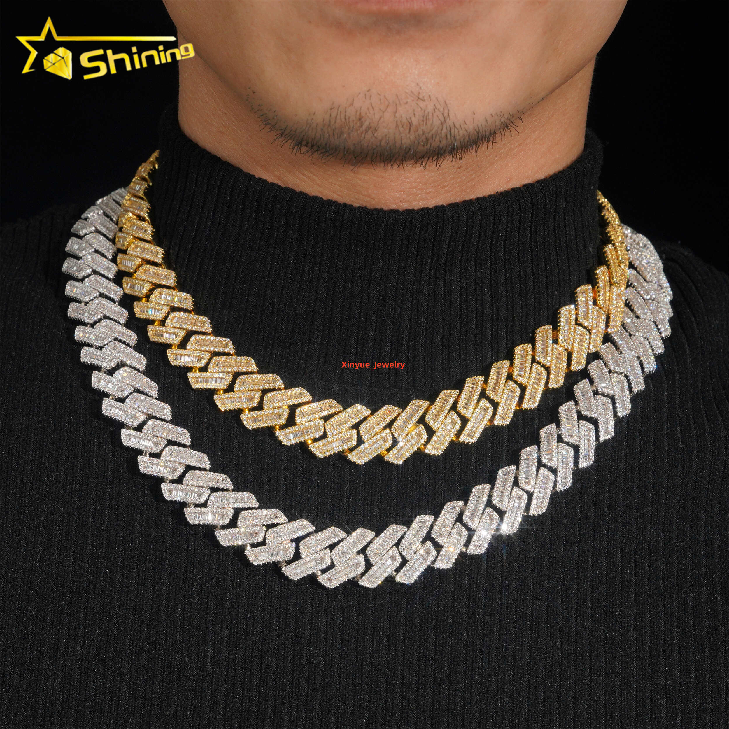 Wholesale Jewelry Price Fashion Men Necklace Brass Gold Plated Cz Diamond 17mm Hip Hop Iced Out baguette Cuban Link Chain