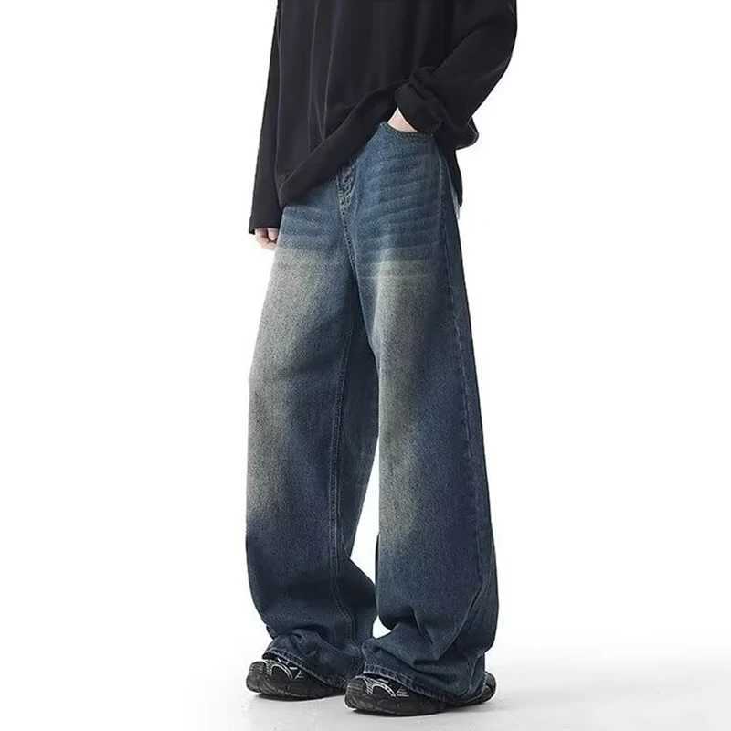 New Men Vintage Wash Jeans Male Fashion Baggy Straight Wide Leg Casual Denim Trousers Popular Brand High Strt Long PantsC250528