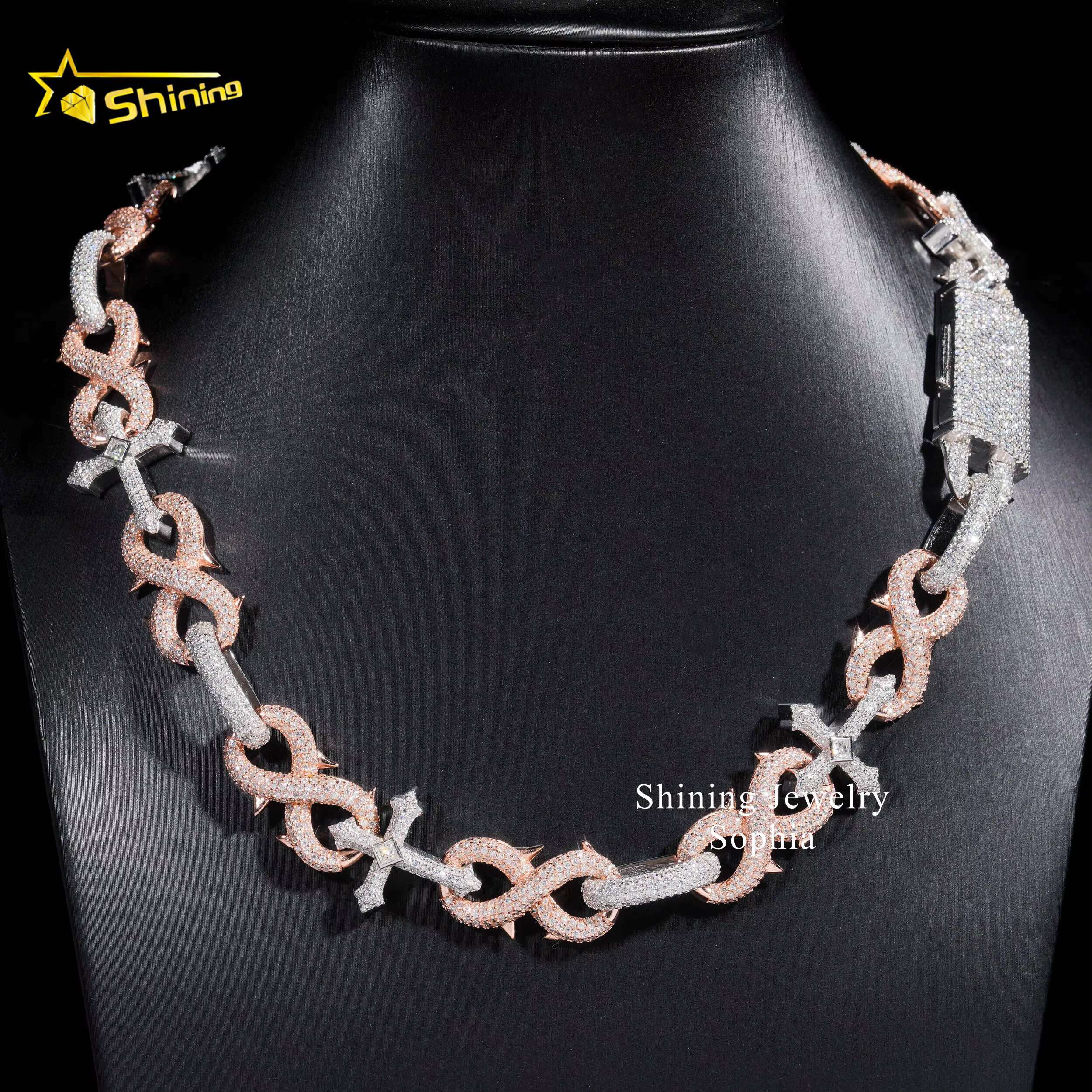 Pass Diamond Tester 16mm Luxury Infinity Style 14k Gold Plated Two Tone Cross Style Hip Hop Iced Out Cuban Chain Necklace