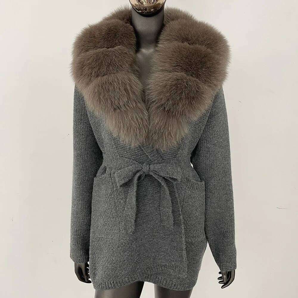 Knitting Cardigan Women Winter Real Fox Coat Long Sleeve Fashion Warm Female Hooded Natural Raccoon Fur Jacket Outwear
