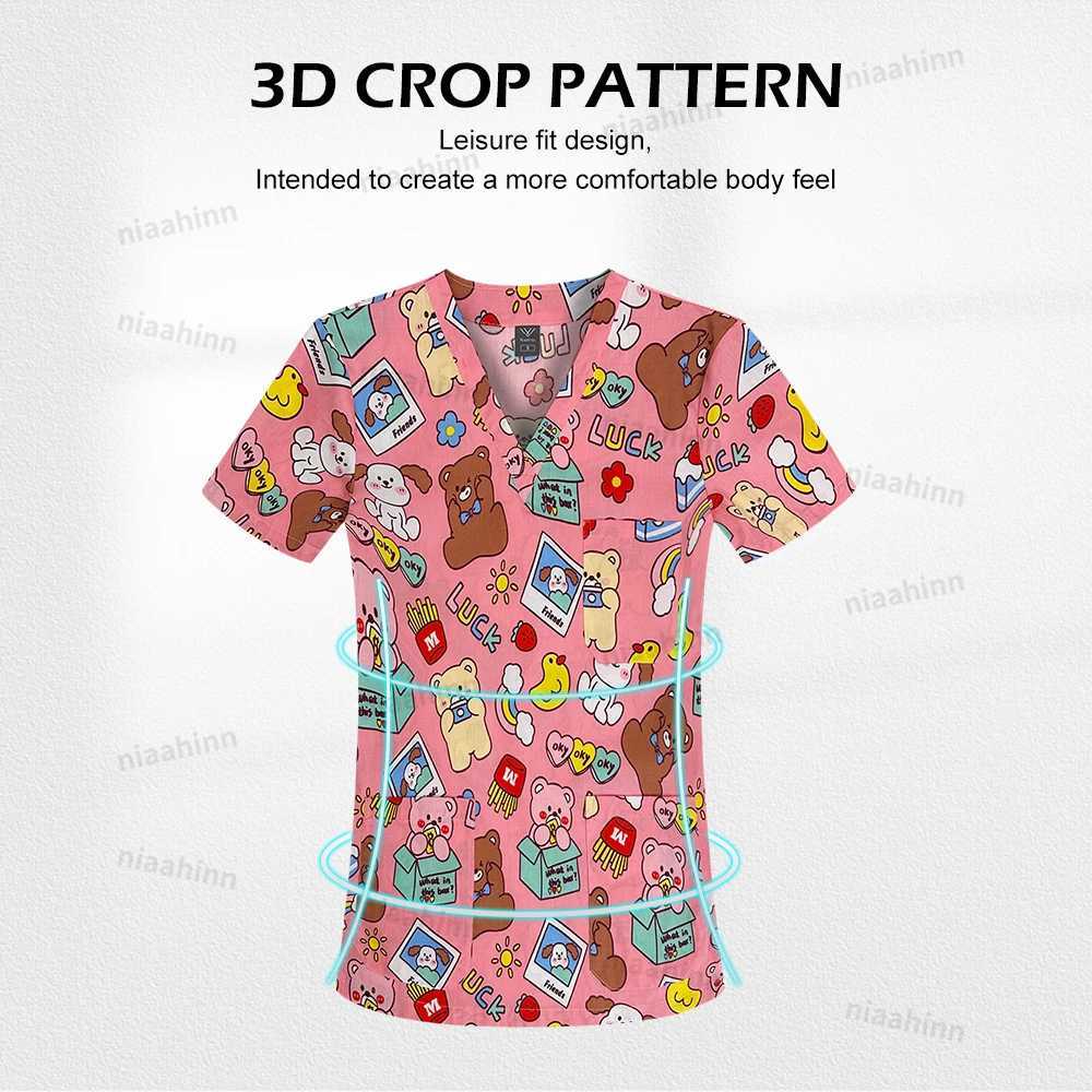 Fashionable Printed Uniform for Doctor and Nurse Scrubs Top Medical Surgical Gowns Dentist Cartoon Cute Workwear Women X250528