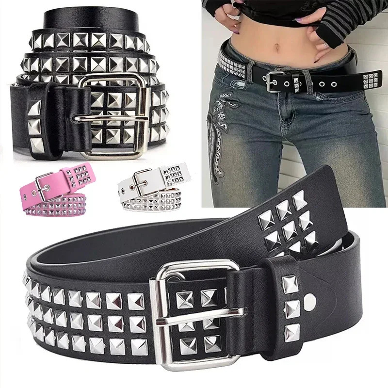 Retro Square Bead Rivet Belt Men Women Universal 3-row Pyramid Inlaid with Silver Punk Gothic Belt Hip Hop Dance Accessories 250520