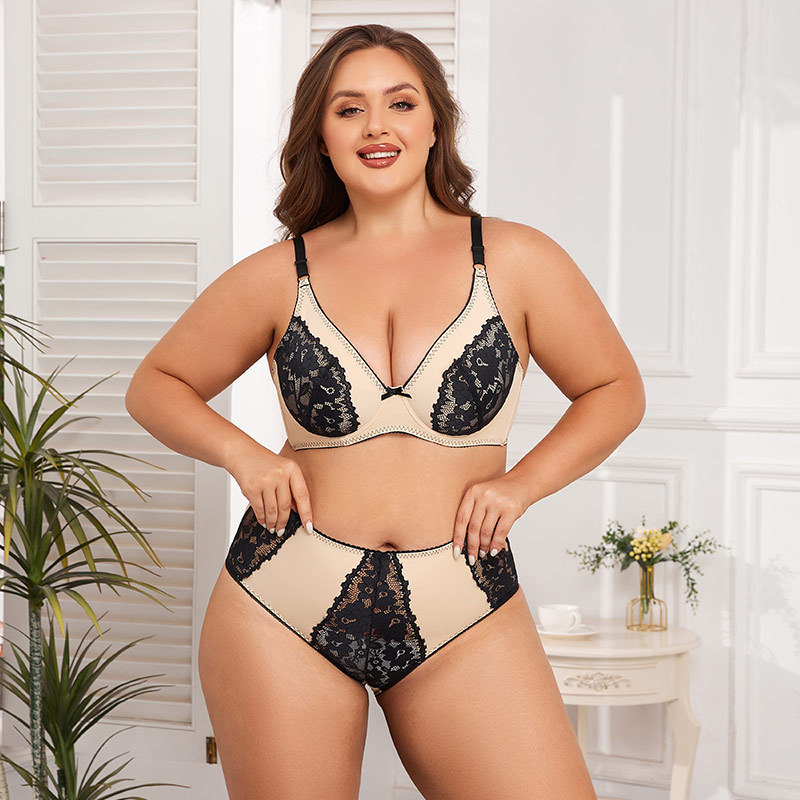 Gexifang E Cup Full Coverage Bra with Semi-Transparent Lace - Large Size Womens Underwear Set