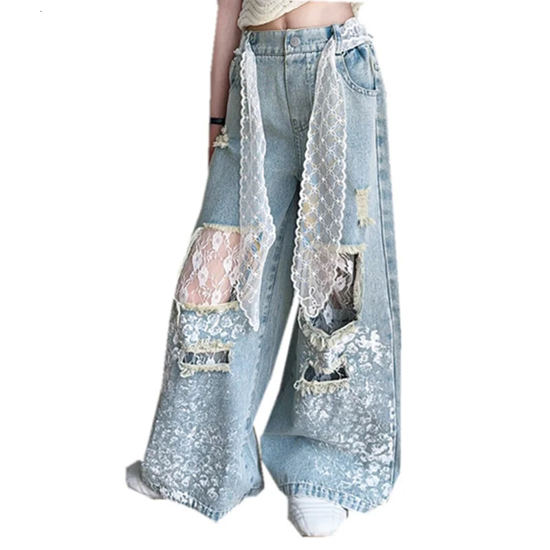Kids Stylish Streetwear y2k Jeans For Girl Lace Drawstring Denim Pants Child Fashion Hip Hop Ripped Trousers with Holes 250528