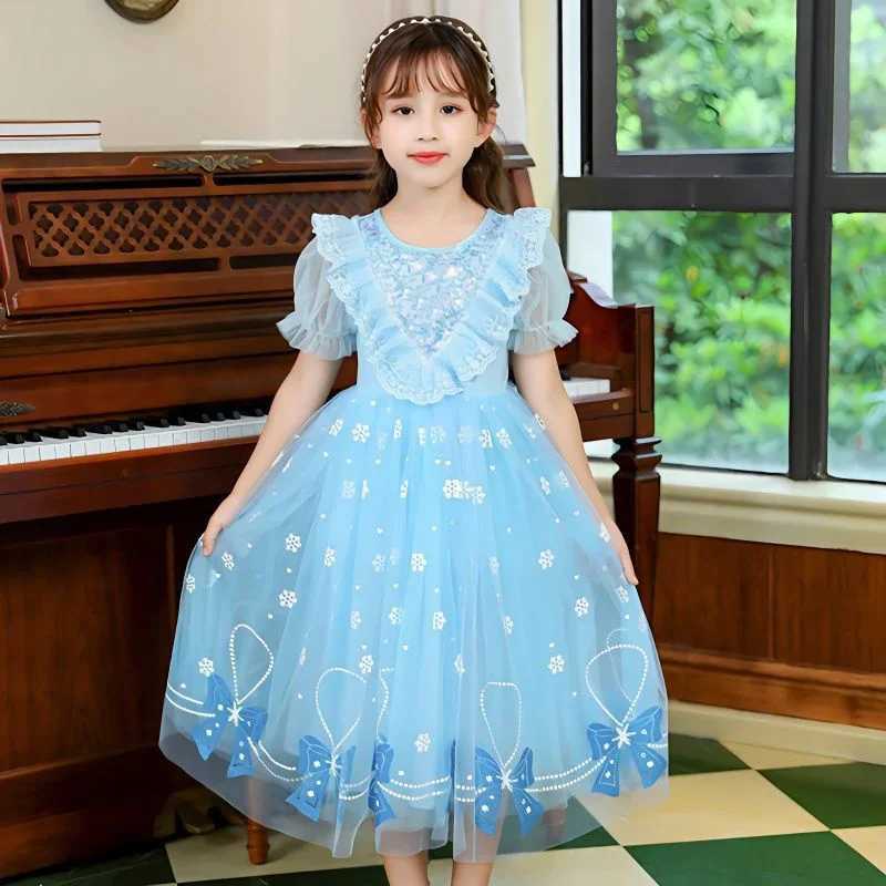 Girls Summer Mesh Dress Children Tulle Tutu Gown Kids Birthday A-Line Long Dresses 2025 Children Print Bow Short-sleeve Clothing X250528