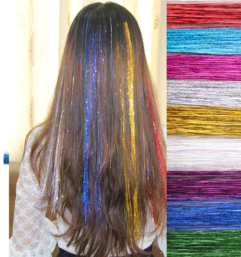 47 Inches Hair Extension Tinsel 12 Colors Glitter Hair Extensions for Women Girls Hair Accessories for Christmas New Year Halloween Cosplay Party