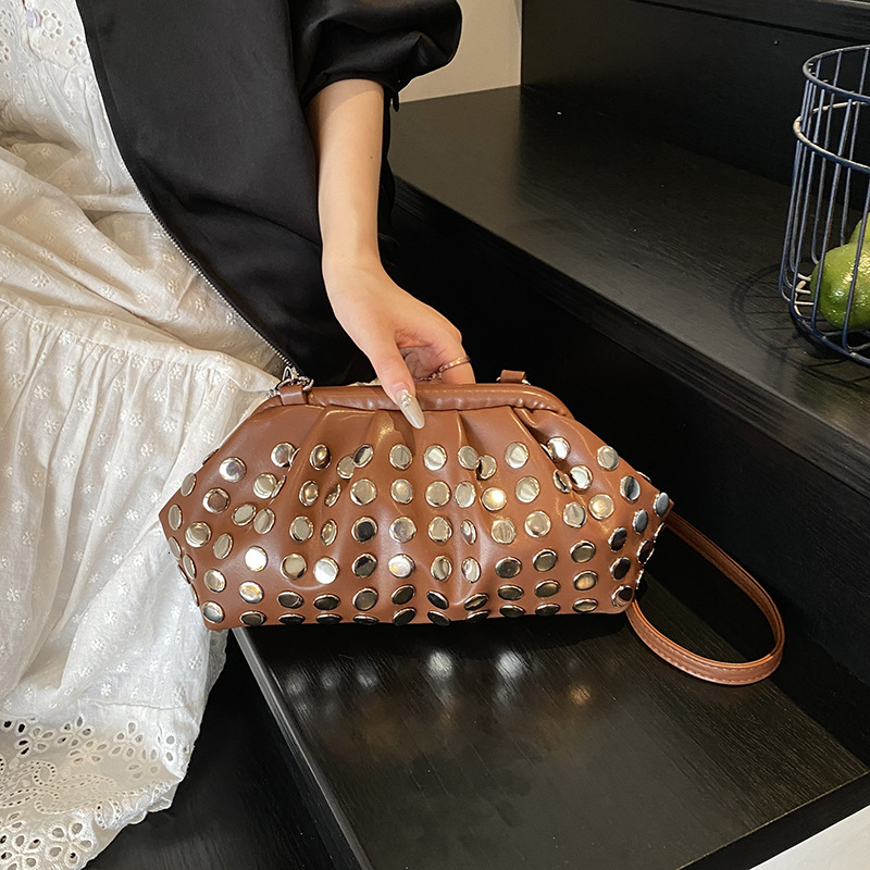 New Women's Bag New Fashionable Shoulder Commuter Underarm Bag Handbag Round Rivet Personalized Trendy Designer Wrinkled Cross Shoulder Bag Singl