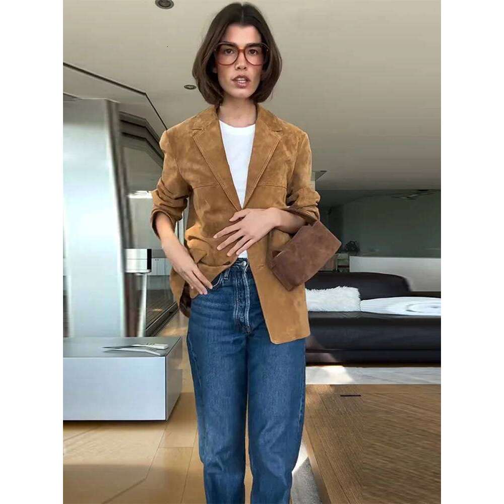Vintage Suede Women Bomber Jackets Solid Laple Single Breasted Pockets Full Sleeve Female Jacket 2025 Spring Lady Streetwears