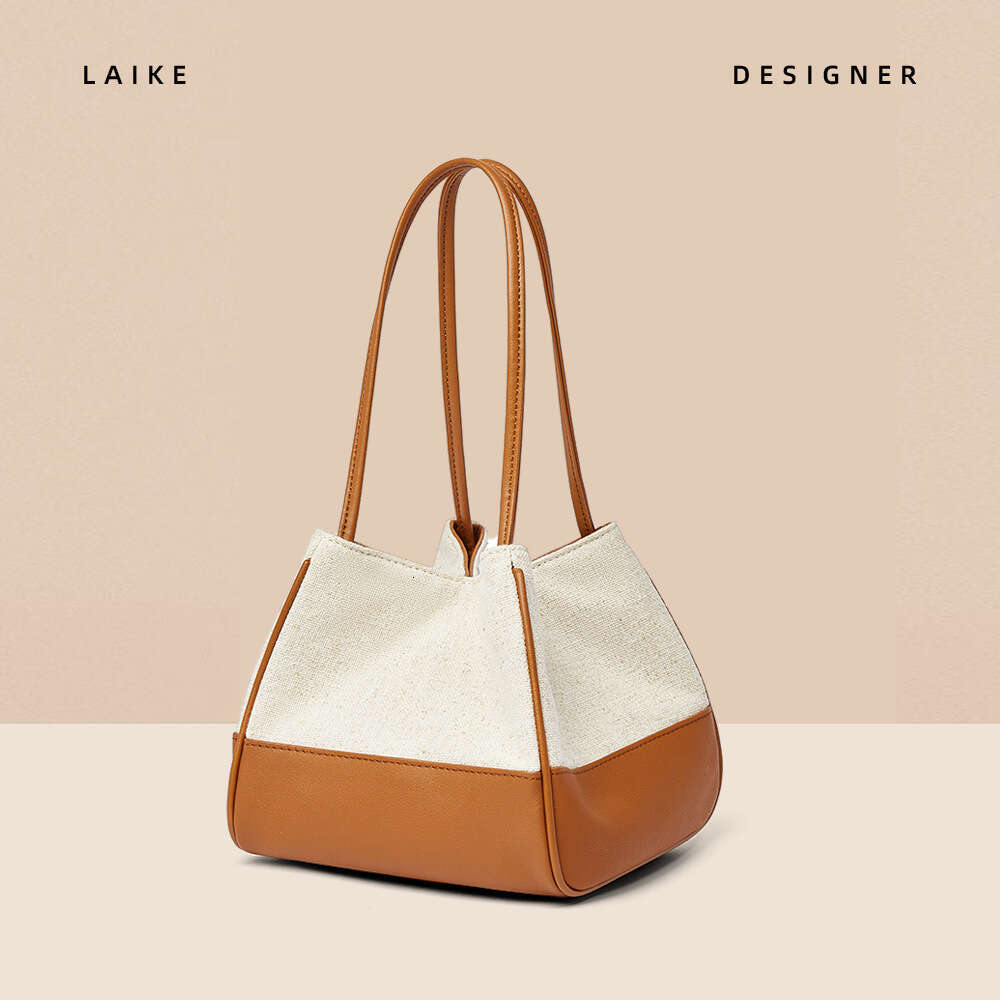 Women's 2024 New Korean Internet Celebrity Color-Block Canvas Tote Basket Handbag Shoulder Crossbody Bag