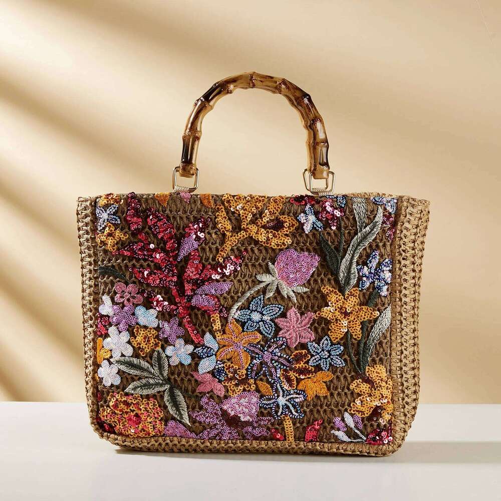 Embroidery Flower Sequined Shoulder Designer Beach Bag Large Capacity Straw Woven Basket Bags Faux Bamboo Handbag NEW