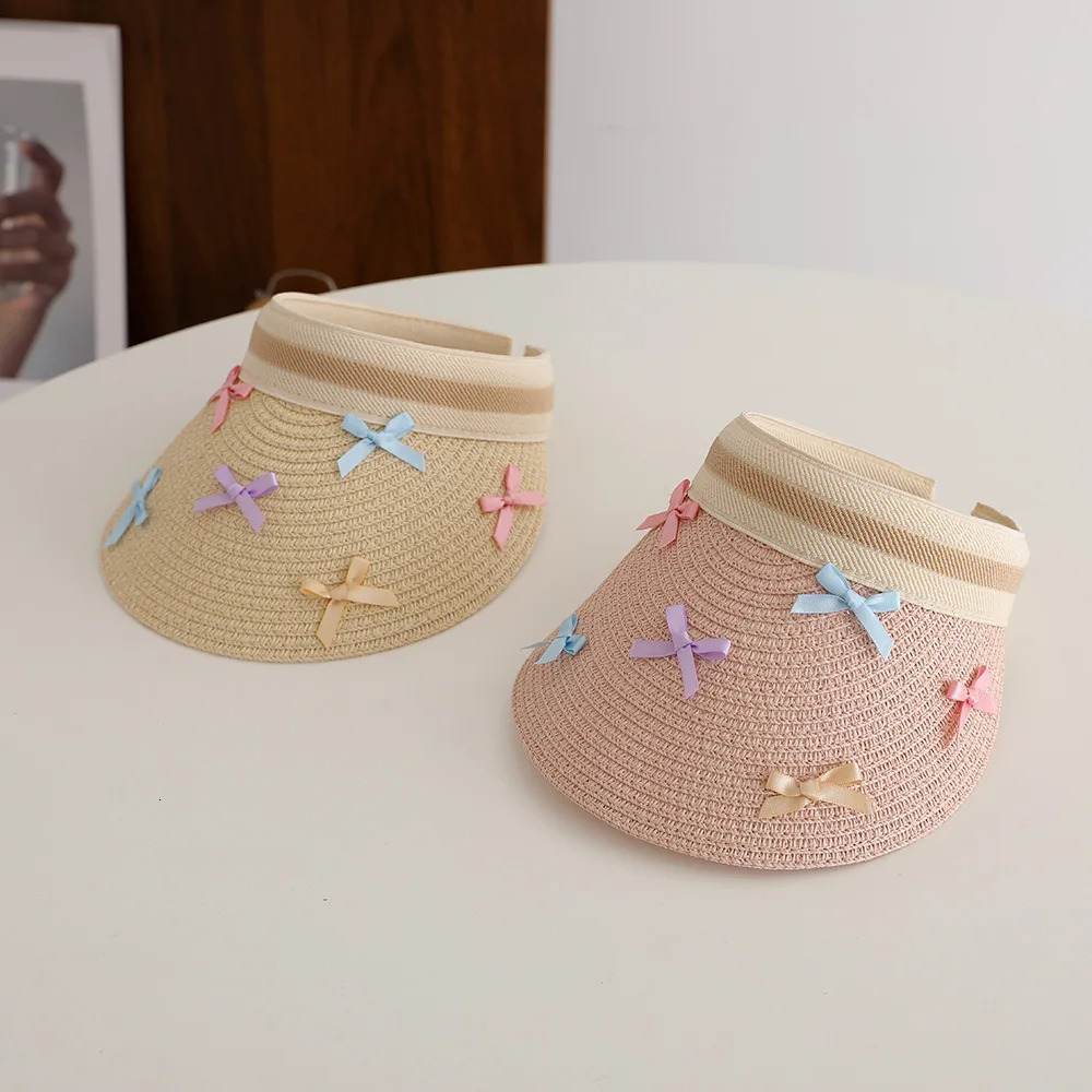 Girl Baby Summer Straw Hat Casual Bowknot Large Brim Sun Visor Cap Outdoor Beach Sunscreen Top Empty Sun Hats Cute Baseball Caps 250527