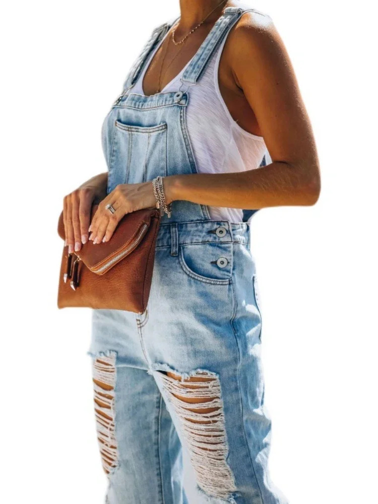 Women Jeans Long Pant Denim Pants One Piece Suspenders Straight Trousers Splice Hole High Waist Casual Overalls Autumn 250523