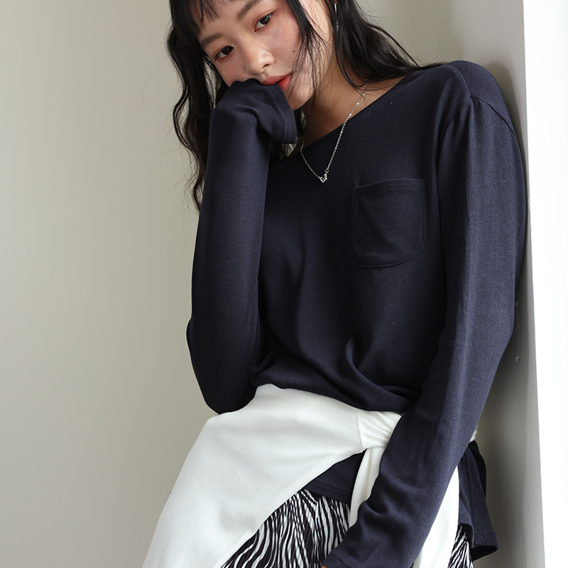 DR220 New Round Neck Long Sleeve Skin-friendly Loose Pocket Top Blouse