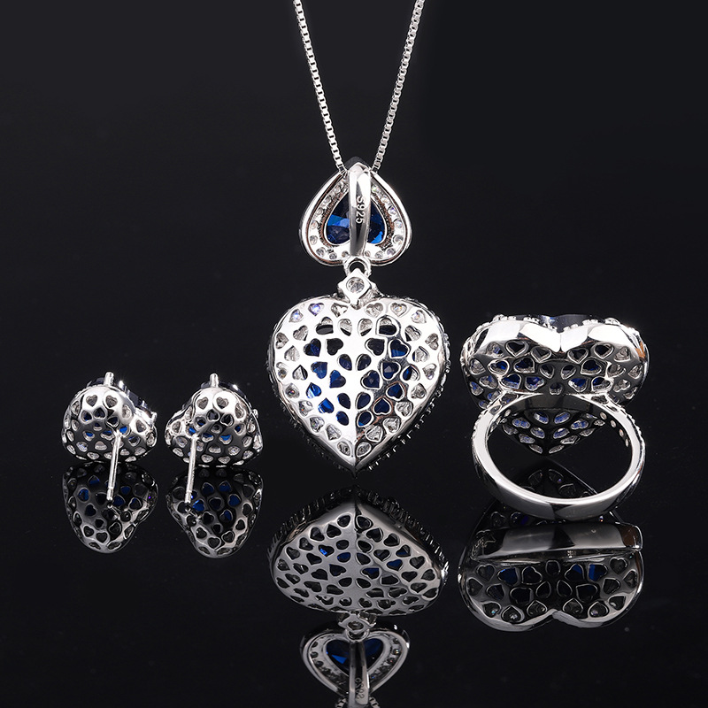 15*15 Love heart Jewelry Set S925 sterling Silver Royal Blue High Carbon Diamond Ring, Pendant Necklace, Earrings ,Antique Classic Elegant Precious Je