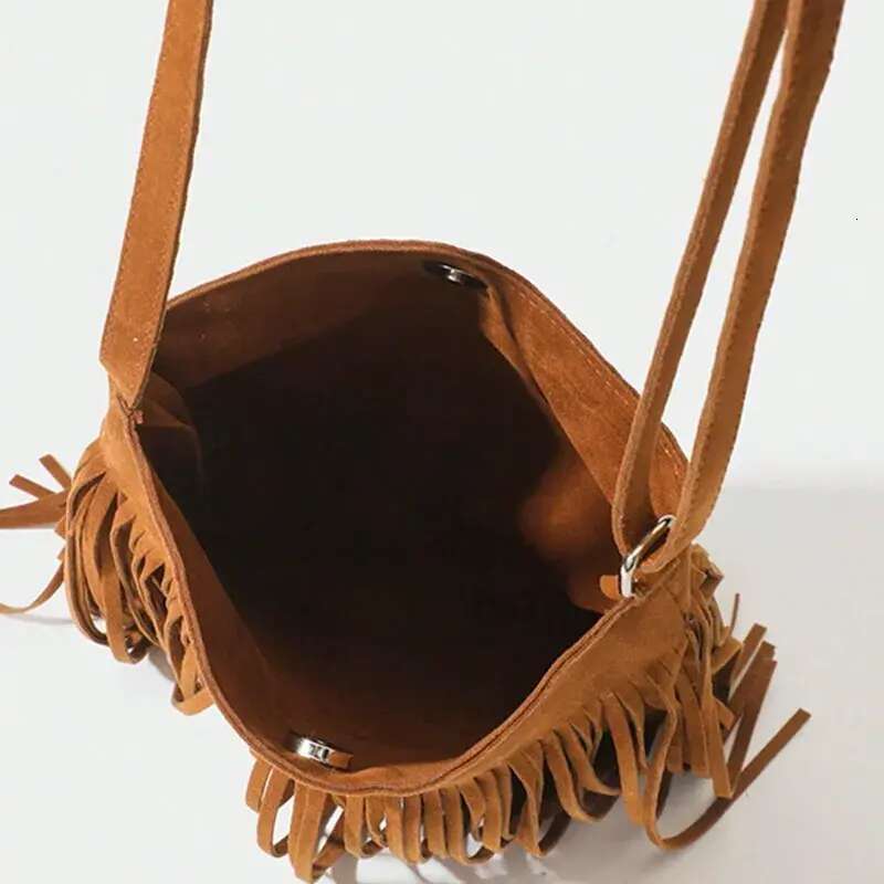 Brown Suede Elegant Crossbody with Adjustable Strap - Hand Washable, Solid Color, Buckle Closure, Polyester Lined, No Oil Edges Fringe Shoulder Bag