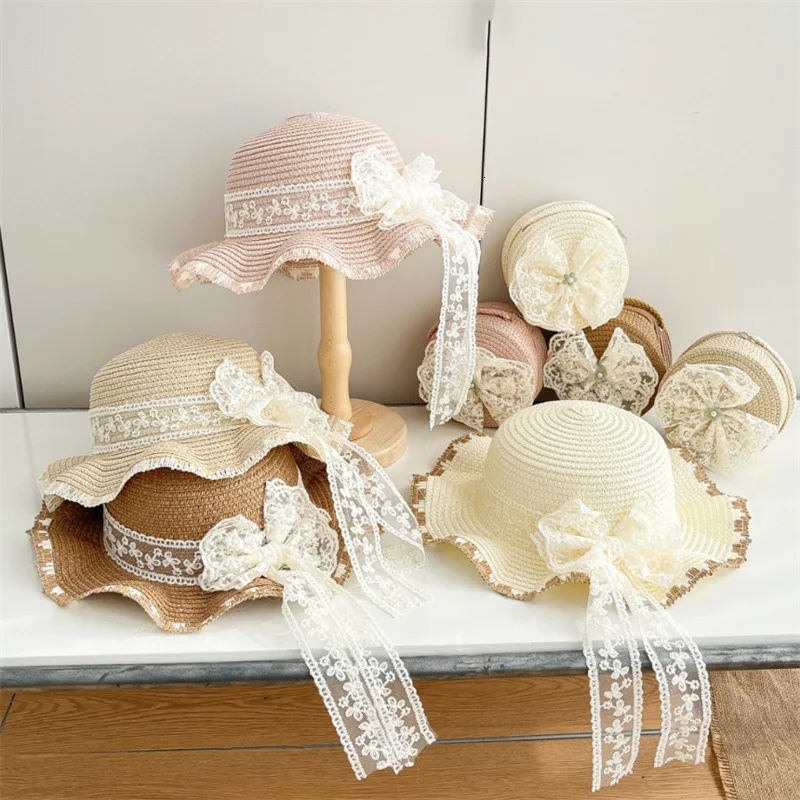 Kids Baby Girls Sun Hat And Straw Beach Bag Set with Elegant Lace Bowknot Trim Wide Brim for Vacation Beach Toddlers 2pcs 250527