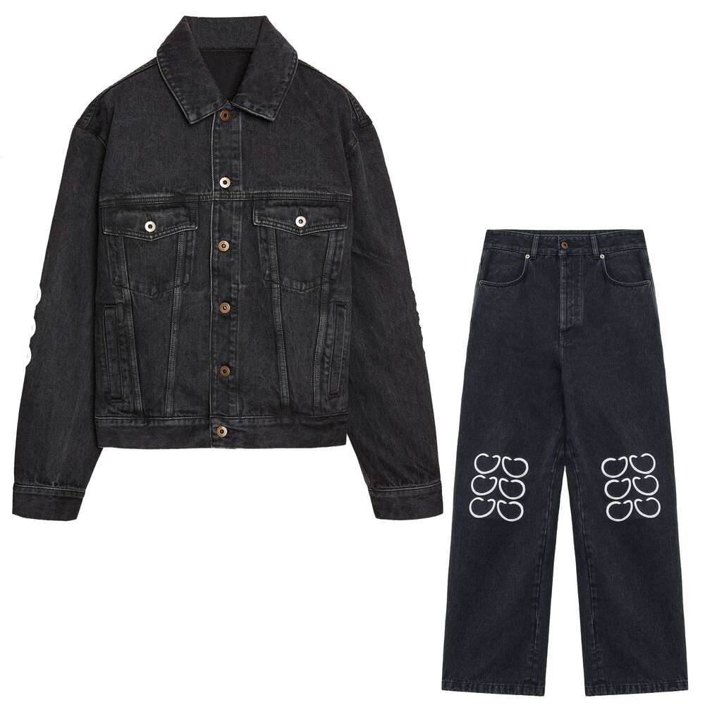 Women's Wear CNBY Men's Collar Button Up Long Sleeved Black Denim Jacket Jeans Set #Z1768