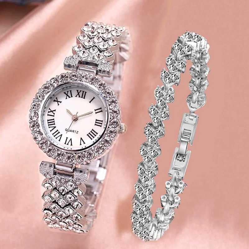2PCS/Set Womens Watch Fashion Rhinestone Roma Dial Quartz Watches Stainless Steel Band Wrist Watch Bracelet Set XJ250527