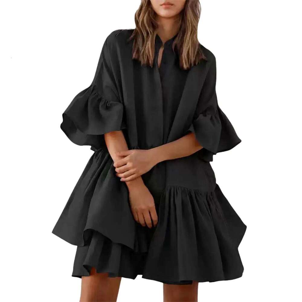 Women's Wear New Women's Loose Shirt Solid Color Flare Sleeve A-Line Pleated Summer Casual Sweet Party Ruffles Dress Robe