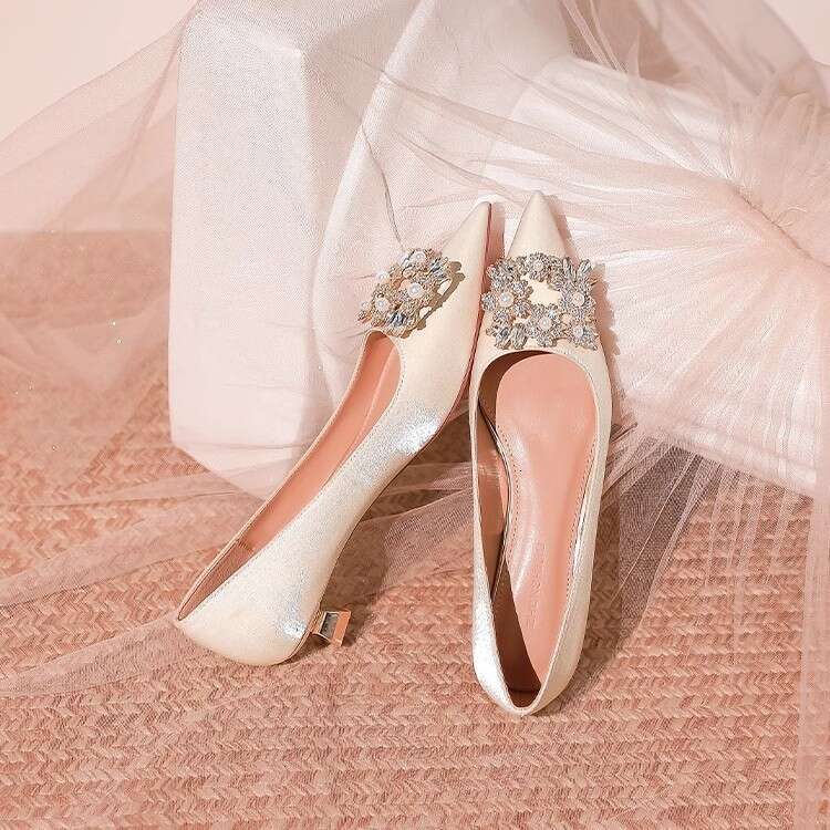 French Style Elegant Socialite Pointed Toe Low Heel for Women Bridesmaid Dress Comfortable Wedding Shoes