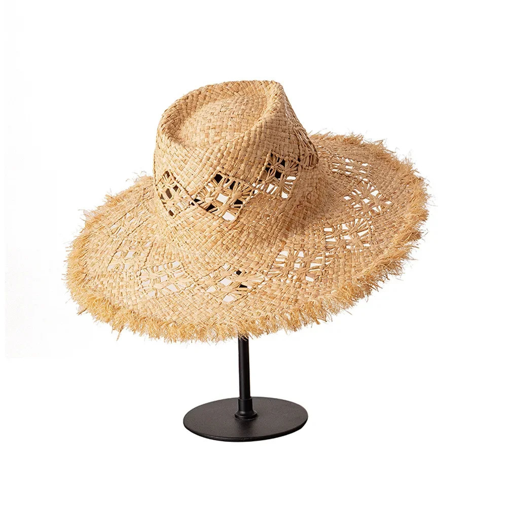 Summer Fashion Sun Hat Casual Hollow Hand Woven Raffia Jazz Sunhat Grinding Burr Edge Outdoor Sunshade Panama Straw Fedora Hat 250526