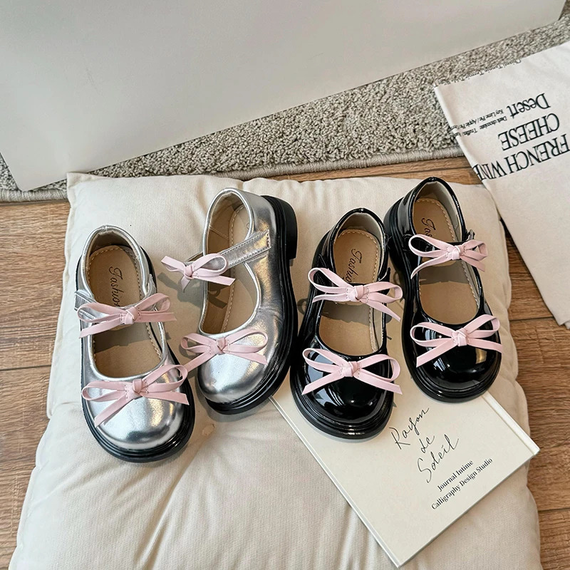 Spring Girls Mary Janes Sliver Black Bowknot Elegant Kids Leather Shoes Chunky Round Toe Beautiful Chic Children Flat Shoe26-36 250528