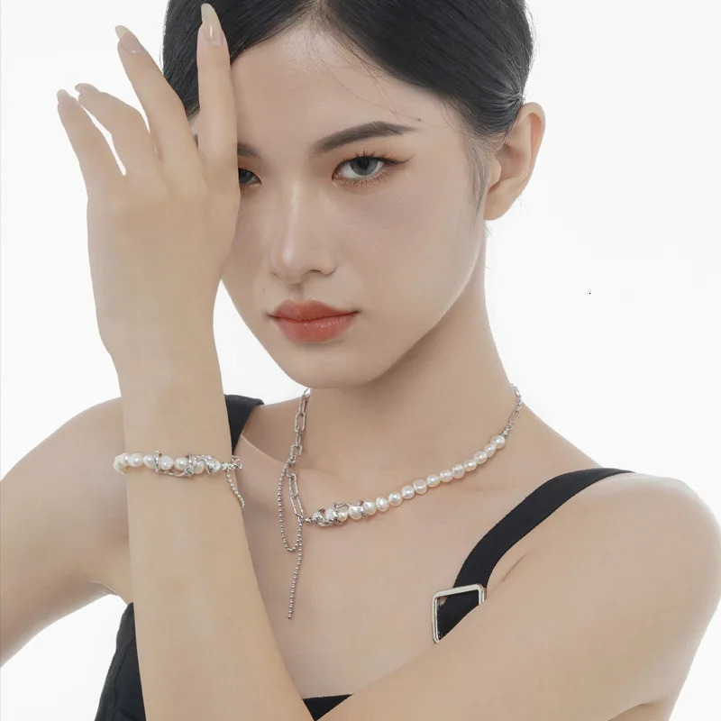 F.I.N.S Asymmetrical Chain S925 Sterling Silver Irregular Freshwater Pearl Link Chain Clavicle Necklace Statement Fine Jewelry 250520