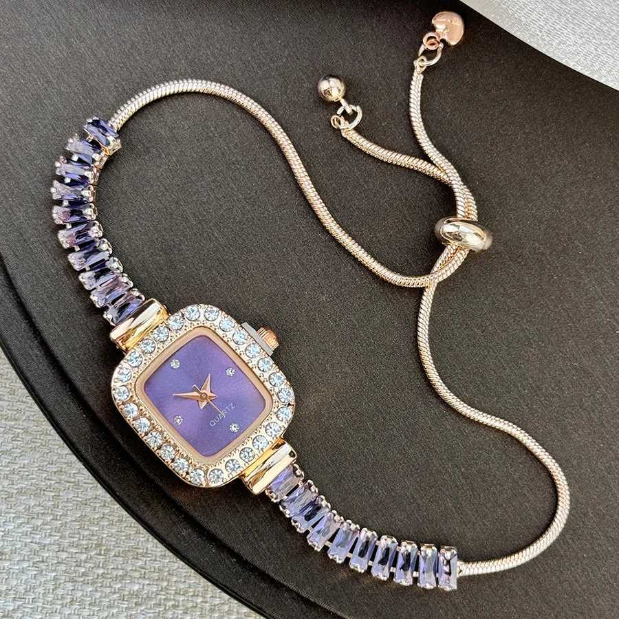 Womens Inlaid Zircon Flexible Pull Out Bracelet with Diamond Square Alloy Case Rhinestone Scale Simple Dial Quartz Watch XJ250527