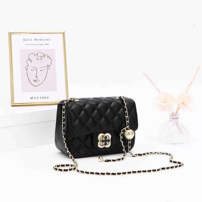 Free Shopping Black Dia Grid Chain High-End Single Shoulder Bag, PU Small Fragrance Bag For Women