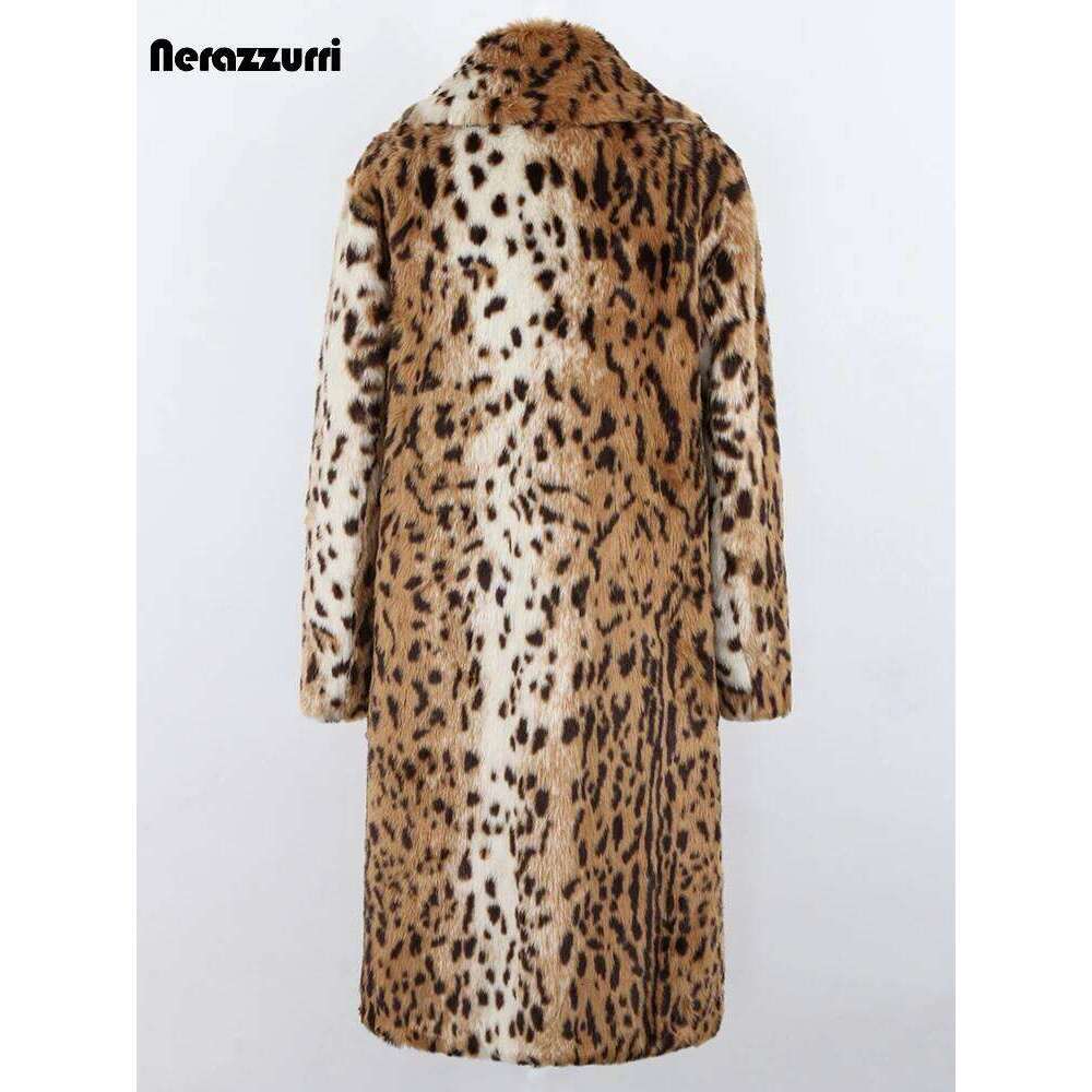 Nerazzurri Winter Long Loose Thick Warm Soft Fluffy Leopard Print Faux Fur Coat Women Lapel Runway European Fashion 2022
