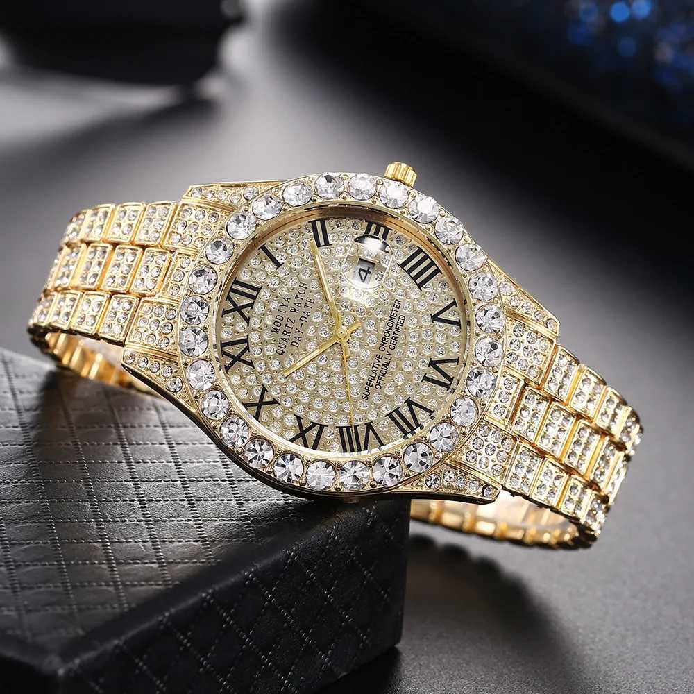 Luxury Classic Golden Mens Steel Strap Roman Scale Rhinestone Calendar Quartz Watch Fashion Male Wristwatch Relogio Masculino XJ250527