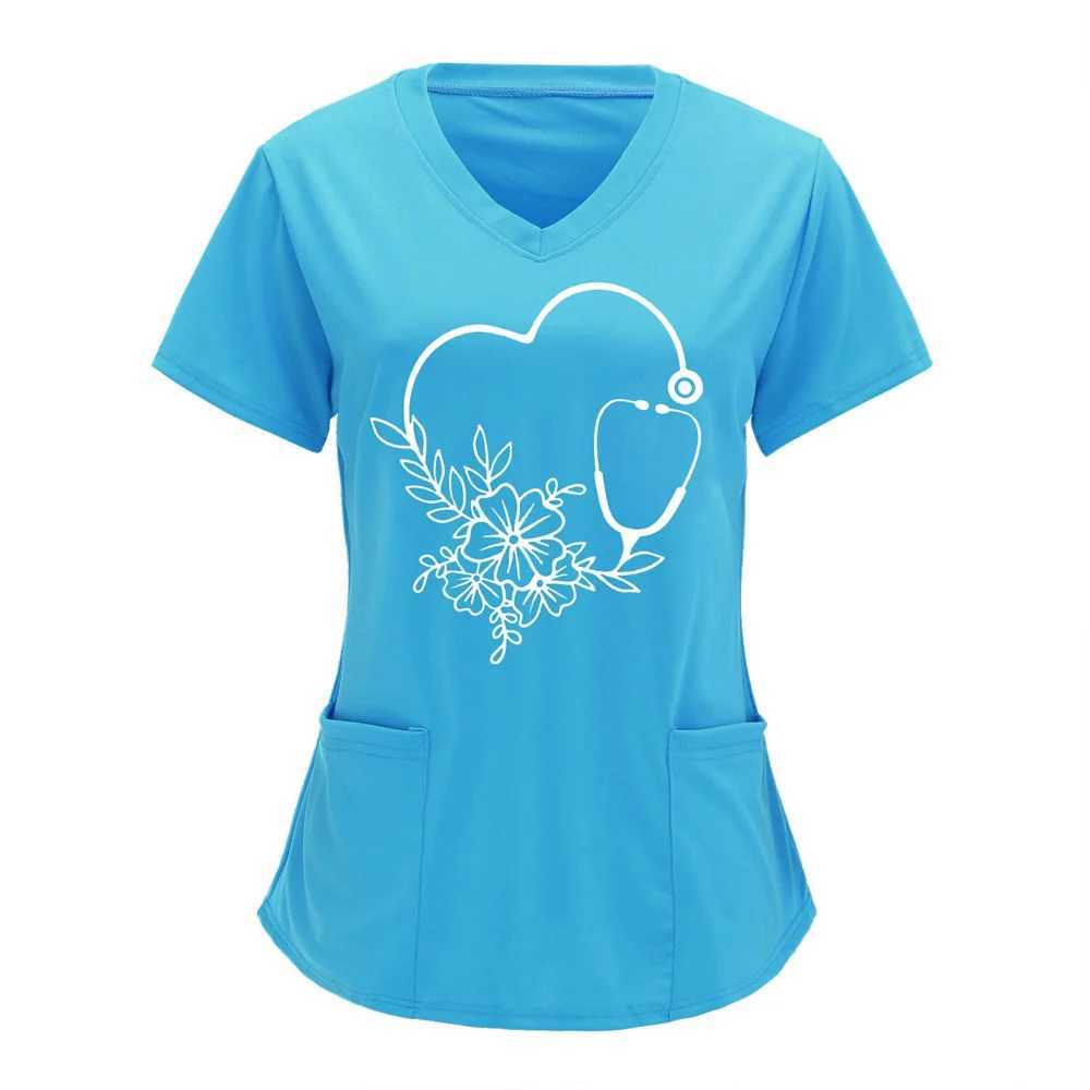 Summer Womens Clothing With Stethoscope Pattern Short Slved V-Neck Fashion Frosted Tops Uniform Short Slve Doctor Nurse New X2505281