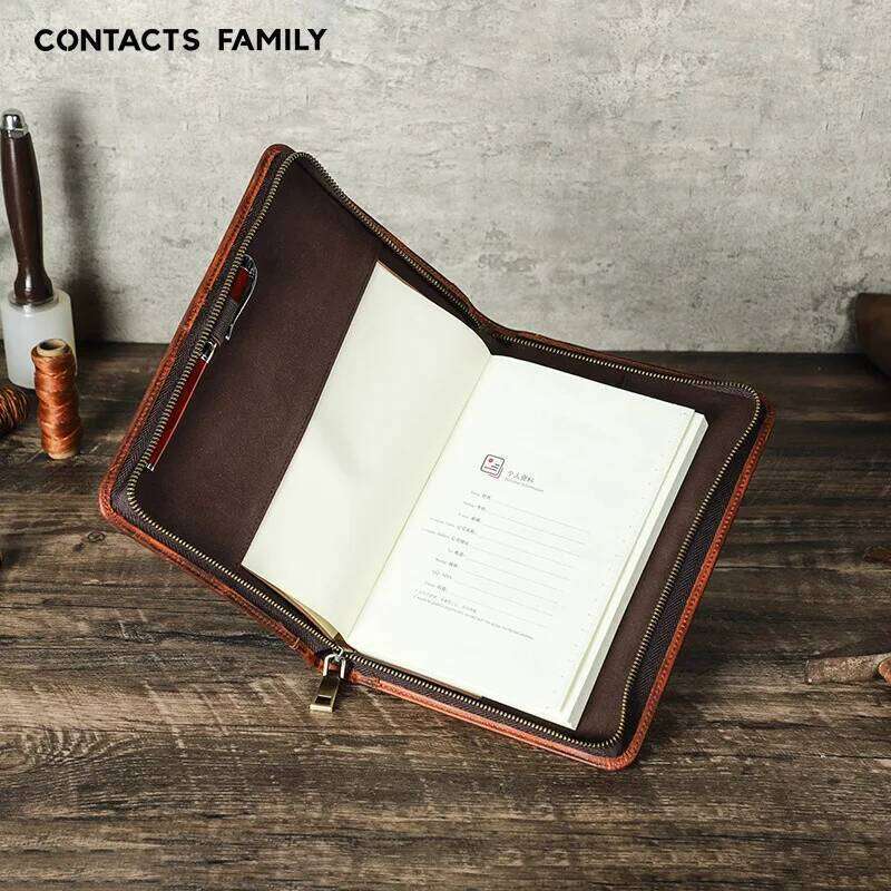 Handmade Genuine Leather A5 Laptop Notebook Cover Wrist Zipper with Pen Slot Business Stationery School Office Supplies