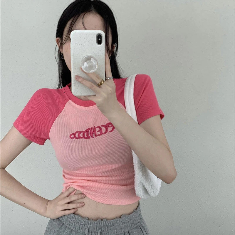 Y2K Women T Shirt Patchwork Letter Slim Fit Crop Tops Streetwear Casual Korean Fashion Short Sleeve Tshirts Bae Female Tees 250517