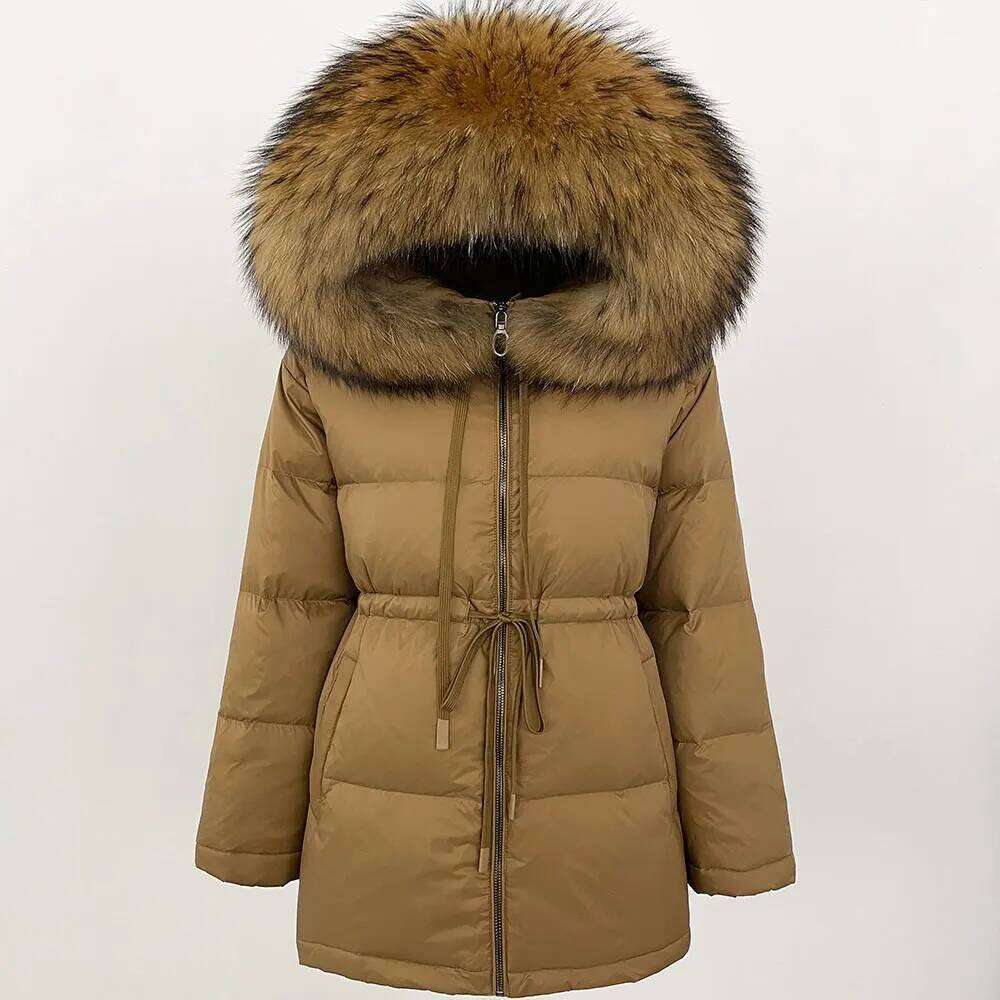 Winter Puffer Jacket Women Large Natural Raccoon Fur Hooded 90% Duck Down Coat Female Warm Sash Tie Parkas Waterproof