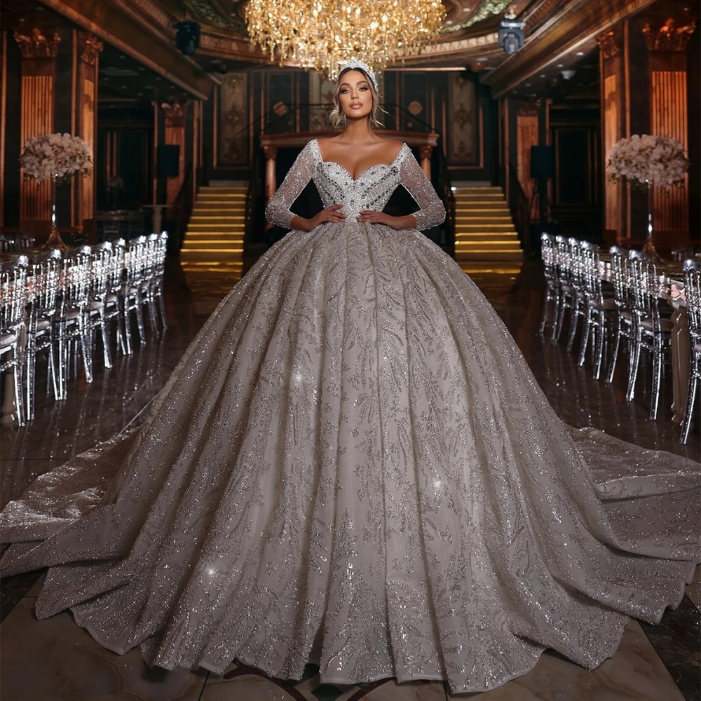 Glamorous Sequins Wedding Dresses Beading Rhinestone Bridal Ball Gowns Pearls Long Sleeve Backless Princess Custom Made Bride Dress Vestido de novia
