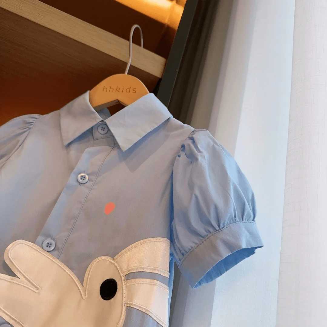 New Arrivals Girls Dress Summer Fashion Kids Turn-down Collar Puff Sleeve Dress Cute Rabbit Cotton Princess Dress Casual Style X250528