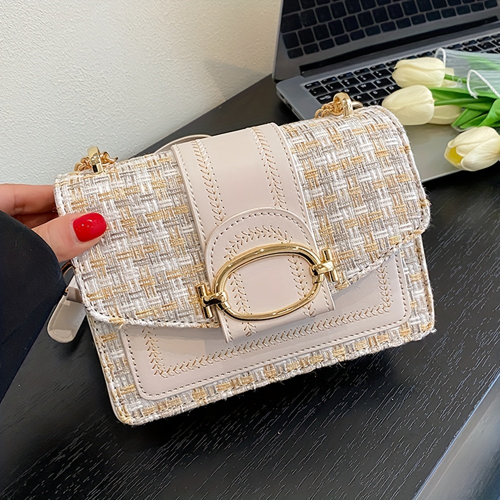 Mini Plaid Pattern Tweed Buckle Decorated Shoulder Square Bag, Chain Crossbody Flap Wallet, Suitable for Daily Use