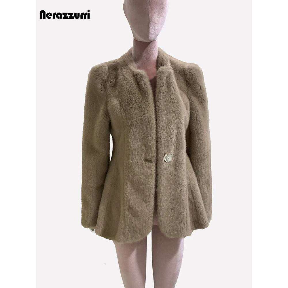 Nerazzurri Autumn Winter Elegant Chic Short Fitted Faux Fur Blazer Women Single Button Puff Sleeve Fluffy Jacket 2024
