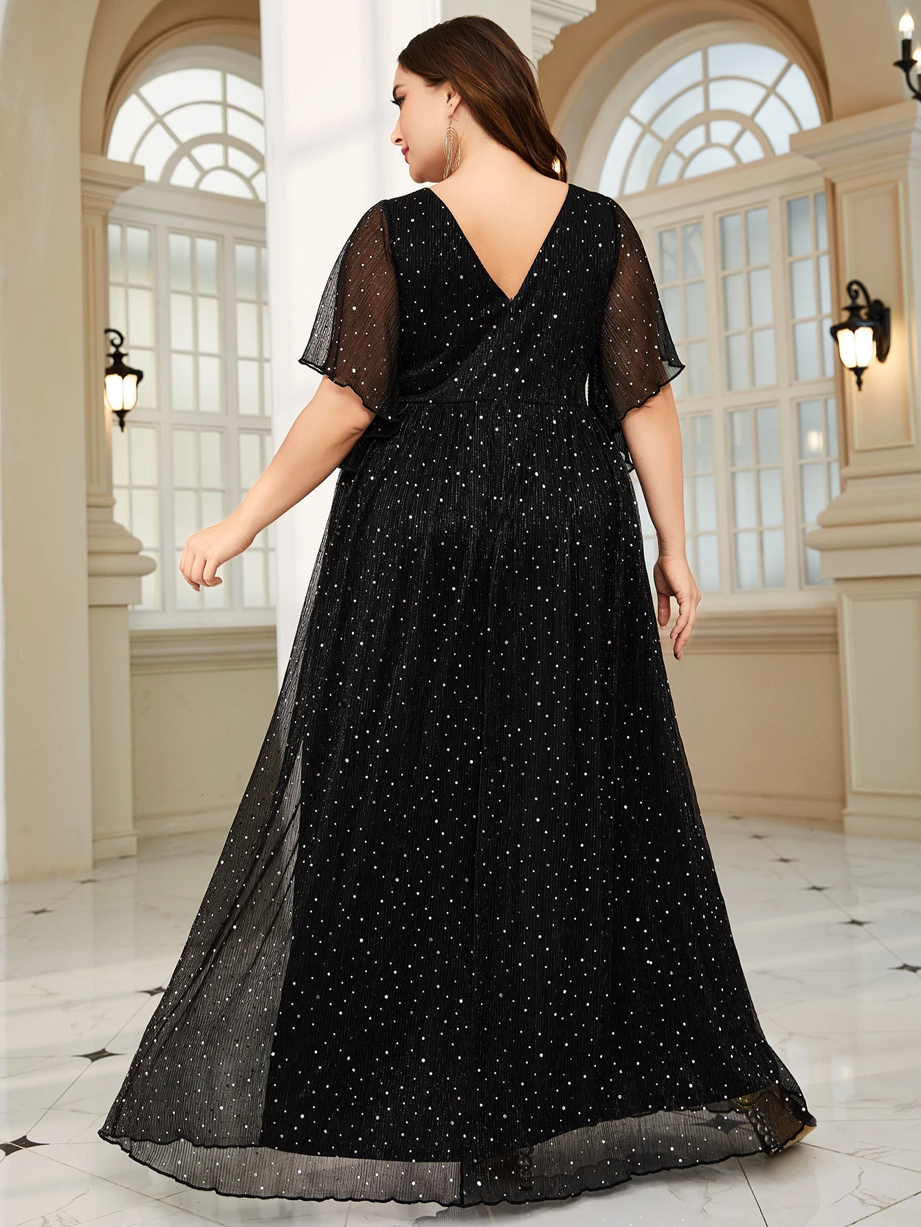 Unithorse Plus VNeck Waist Ruched Floral Sleeve Glitter Sequin Dress 250517
