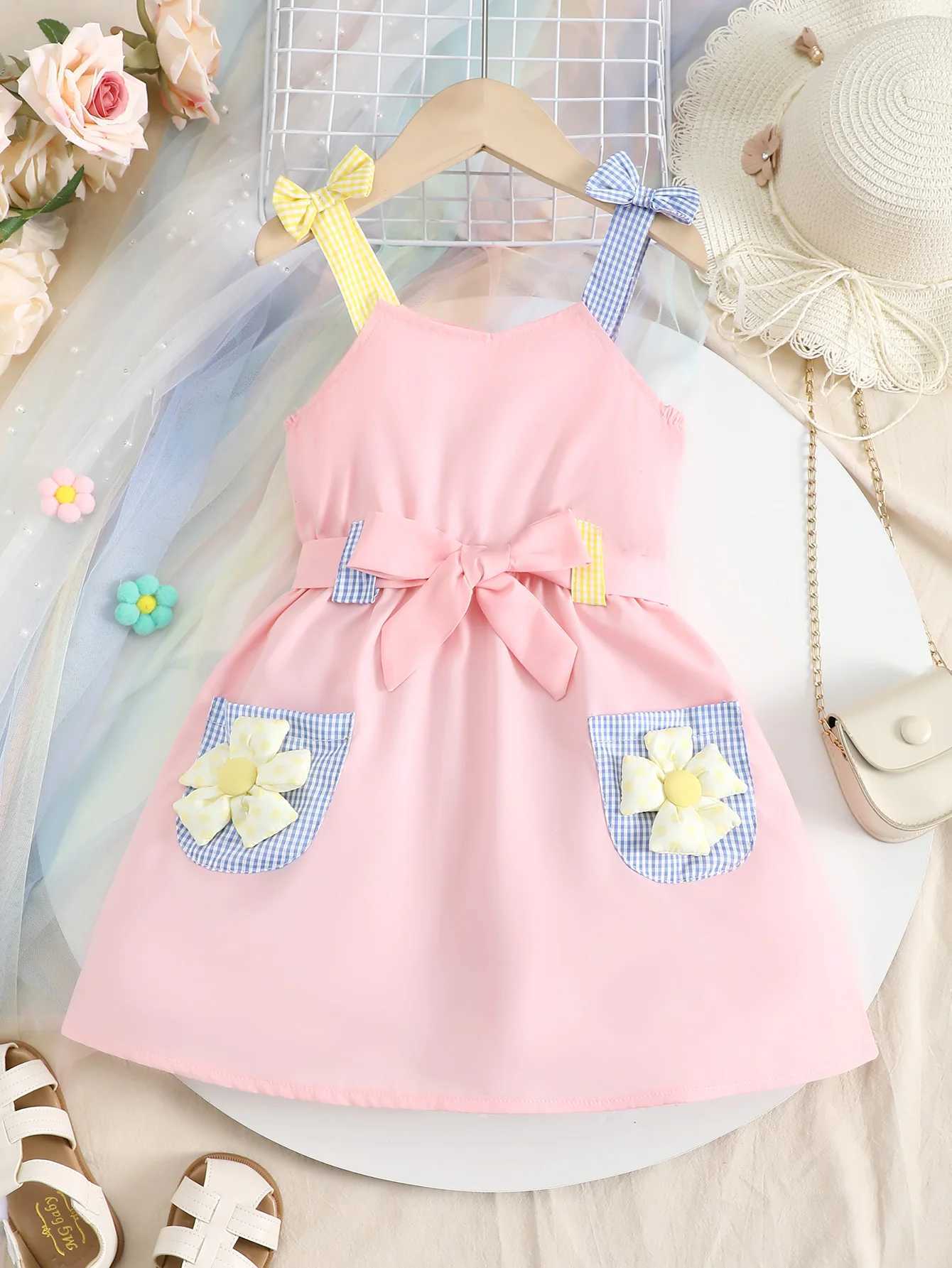 4-7 Year old Cute Girls Dress Suspender Decal Small Pocket Fashion Dress Children Girls Summer Casual Dress X250528