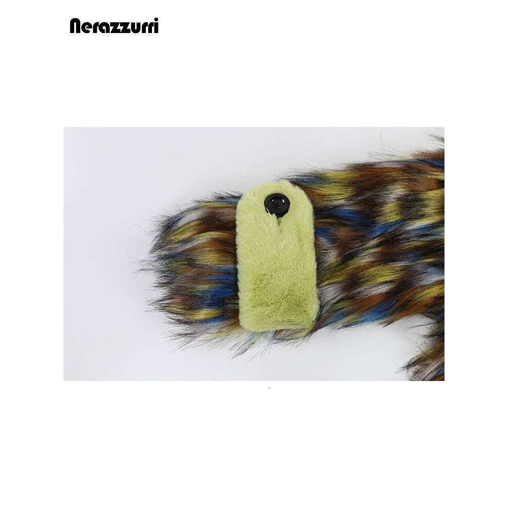 Nerazzurri Winter Long Thick Warm Colorful Hairy Shaggy Patchwork Faux Fox Fur Coat Women Fluffy Furry Overcoat 2023