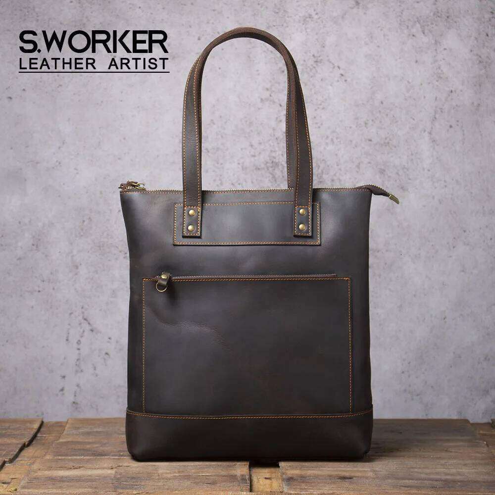 S.WORKER Vintage Genuine Men's Handbag Cowhide Briefcase Shoulder Women Casual Tote Bag 2020 NEW Crazy-horse Leather