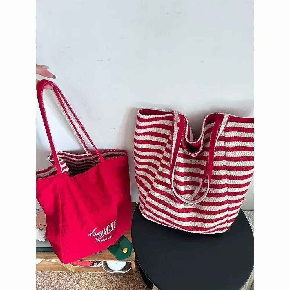 striped canvas bag Korean style AB double-sided large capacity shoulder bag tote bag lazy casual commuting 250526
