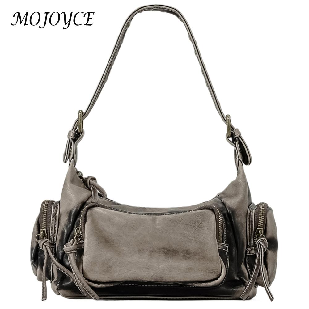 Women Y2K Underarm Bag Solid Color PU Locomotive Shoulder Bag Large Capacity Retro Tote Purse Multi-pockets for Party Vacation