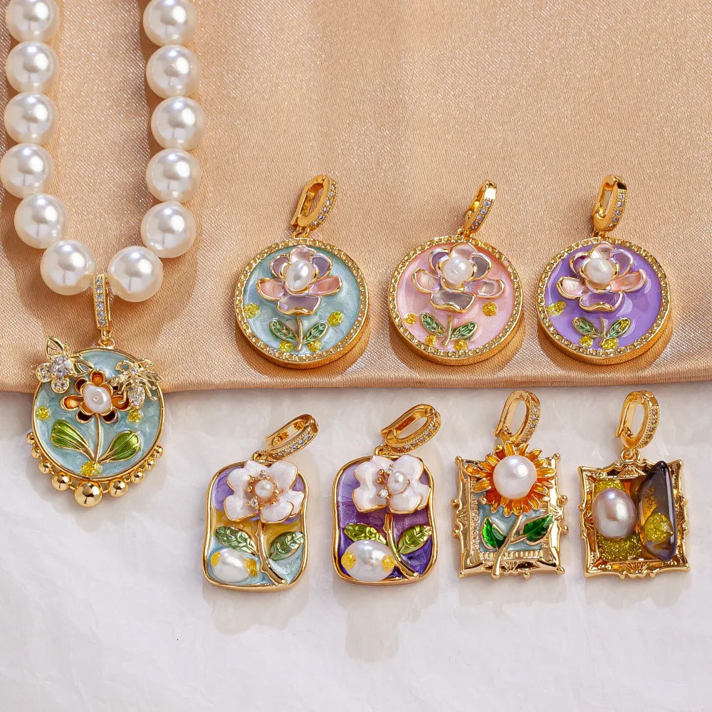 Natural Pearl flower Necklace Oil Painting DIY Pendant Fairy Oil Painting Pearl Flower DIY Pendant For Necklace Gifts Vintage 250520
